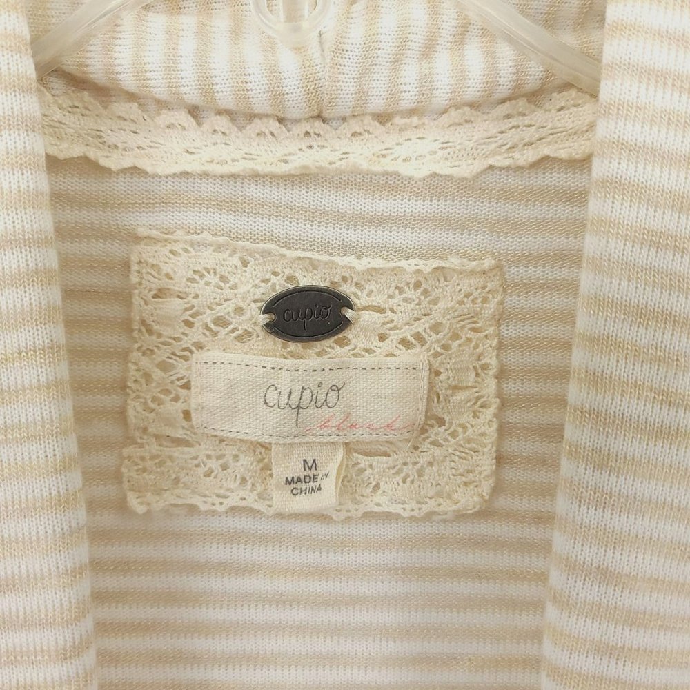 Cupio Open Front Cardigan Sweater Size M Slash Pockets Beige Brown Stripe - Picture 9 of 9